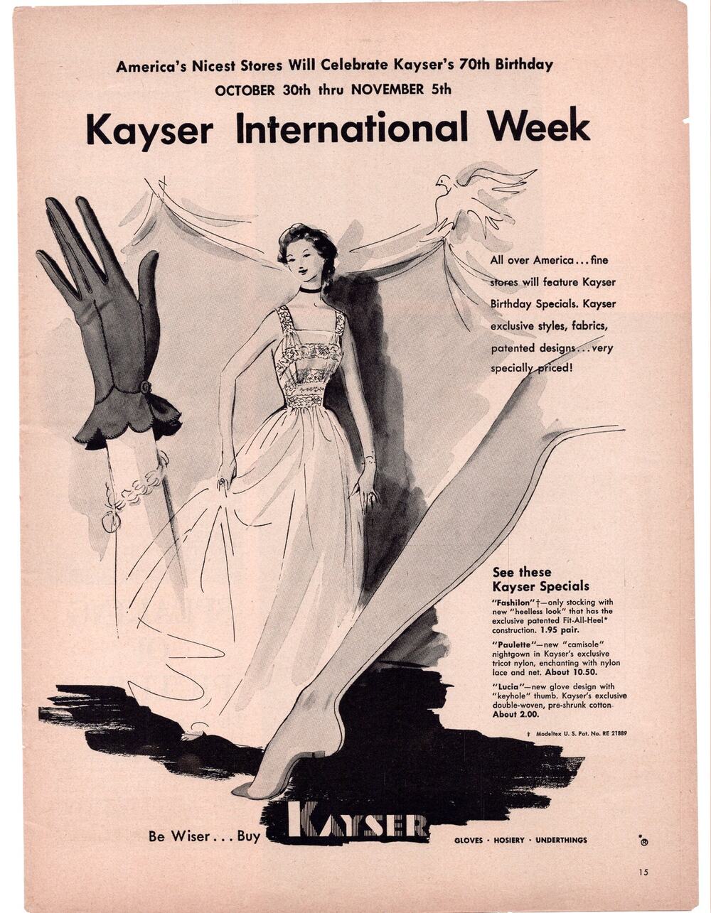 Kayser Hosiery Advertisement 70th Anniversary Vintage 1950s Gloves Hosiery Women